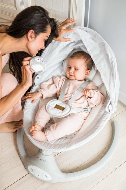 MOMI KENANI Rocking Chair for Children up to 9 kg Weight Foldable with Remote Control and Bluetooth for Connecting to Smartphone, Batteries and Mains with 5-Point Safety Belt - QUORE
