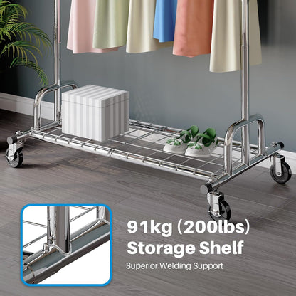 HOKEEPER Uitschuifbare heavy-duty kledingrail kapstok met plank, kledingrail met industriële vergrendelingswielen, 200 kg capaciteit professionele opvouwbare kledingrail