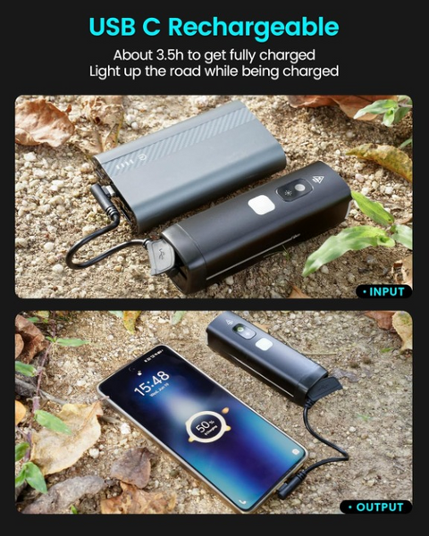 Fietslamp - Fietslicht - Oplaadbaar Fietsverlichting - met Intelligente Nachtrijmodus & Dagrijmodus - Automatische Helderheidsregeling - Opladen & Ontladen - USB-C - IPX7 Waterdicht - voor Fiets - Aluminium - 1400Lm - Zwart