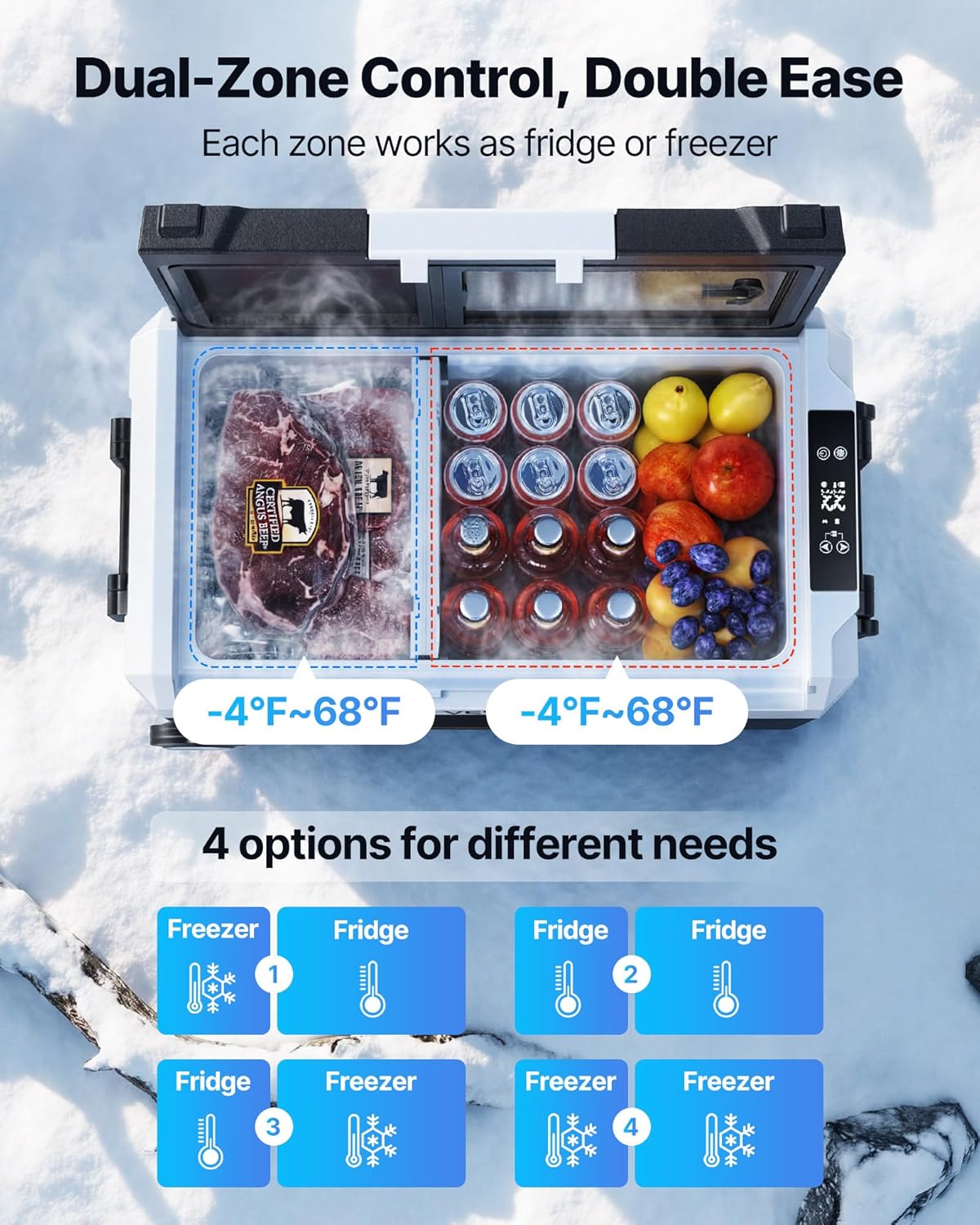 VEVOR Compressor-koelbox, 12/24 V DC 100-240 V AC, autokoelkast, 35 l, met app-bediening, wielen en 2 temperatuurzones (-20 °C tot 20 °C), draagbare koelkast voor camper, boten, camping, vissen