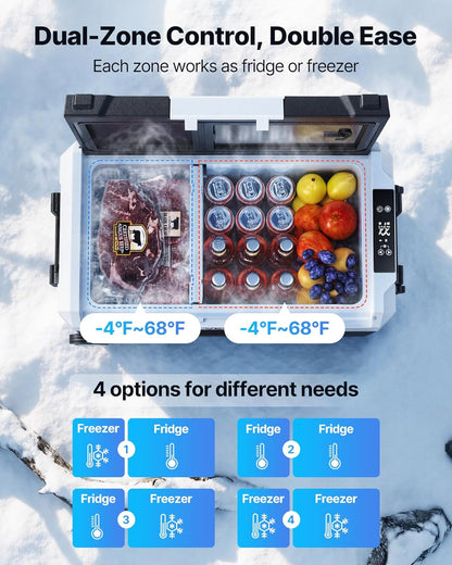 VEVOR Draagbare autokoelkast met compressor, inhoud 45 liter, koelcontainer met dubbele zone, temperatuur tussen -20 tot 20 °C, app-bediening, mini-koelkast voor auto, caravan, camping, vissen