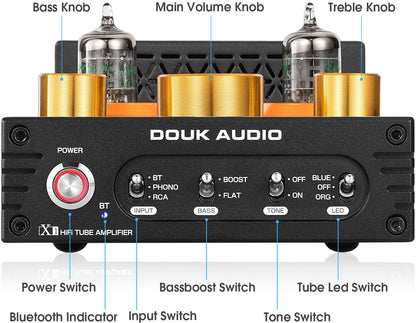 Douk Audio X1 buisversterker, HiFi Bluetooth 5.0 versterker, GE5654 klep stereo audioversterker, MM phonoversterker, 160Wx2 TDA7498E chip, treble & bas bedieningsknopf