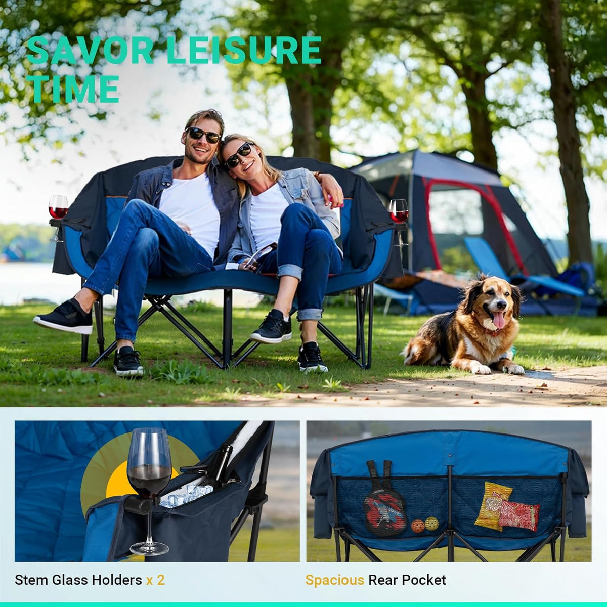 Overmont Extra grote dubbele campingstoel - 2-persoons comfortabele bankstoel Loveseat voor volwassenen - zware gazonstoelen met koeltas en wijnrekken - ondersteuning 800 lbs