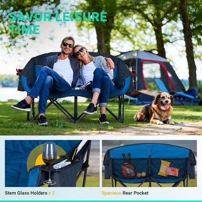 Overmont Extra grote dubbele campingstoel - 2-persoons comfortabele bankstoel Loveseat voor volwassenen - zware gazonstoelen met koeltas en wijnrekken - ondersteuning 800 lbs