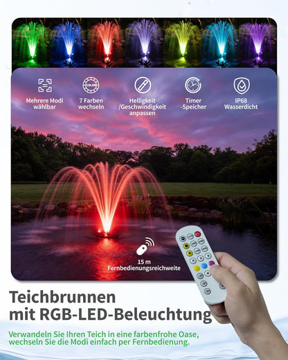 POPOSOAP Drijvende vijverfontein en beluchter, complete set met ledlampen, 4600 l/u waterpomp, 9 m netsnoer, 3 sproeivarianten voor vijvers, zwembaden, meren en watertuinen