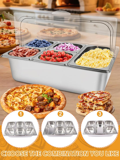 Kalolary Pizzabelag-station, 7 pannen, roestvrij staal, kruidenorganizer, saladebar, buffetstation met lepels, koelboxen, buffetcontainerset voor sauzen, jam, ingrediënten, keuken, restaurant