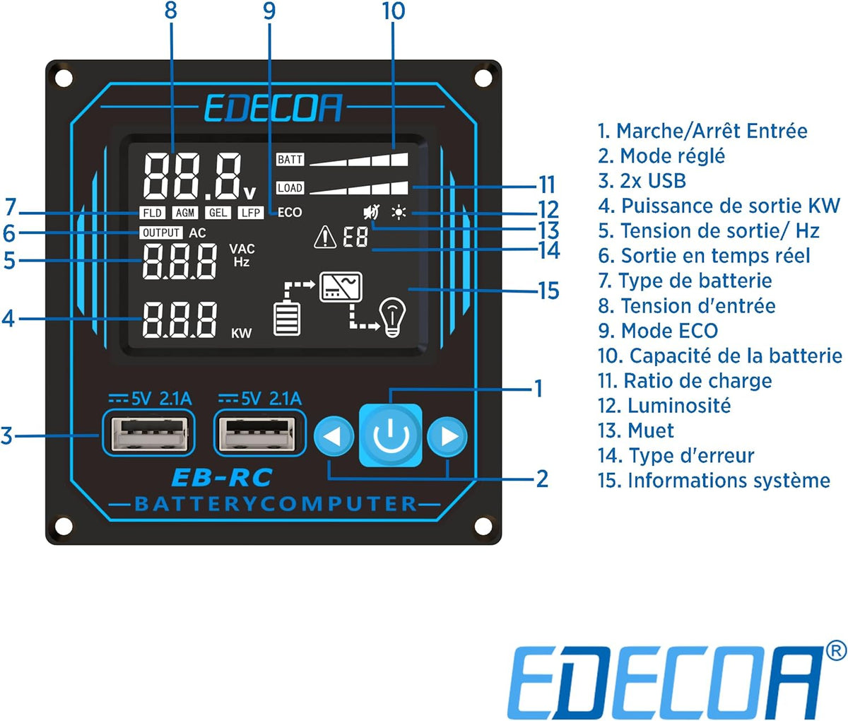 <font dir="auto" style="vertical-align: inherit;"><font dir="auto" style="vertical-align: inherit;">        EDECOA Inverter 12V 230V pure sine 2000W, eco mode, with app, remote control, 2 x USB, compatible with batteries (lithium, AGM, gel, FLD), for camp