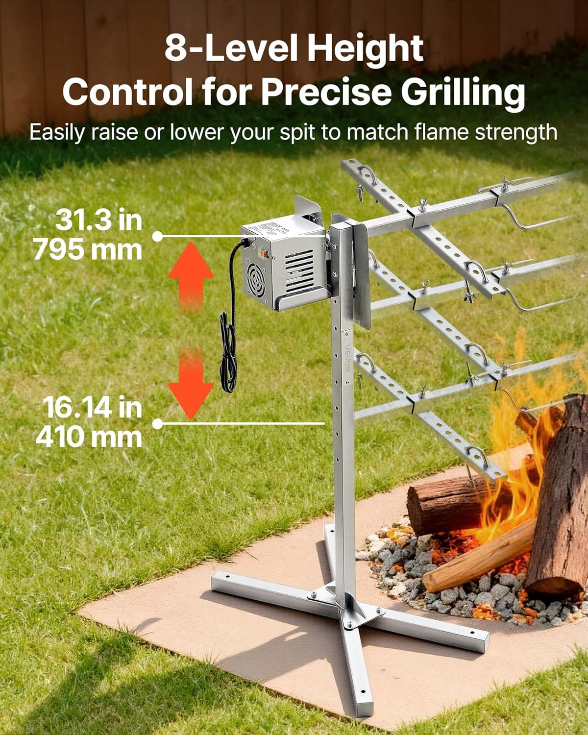 VEVOR Braadgrill, draagvermogen van 40 kg, elektrische spindelset met 8 hoogtes, automatische motor, 38 W, vork van roestvrij staal, voor lam, biggen, feest