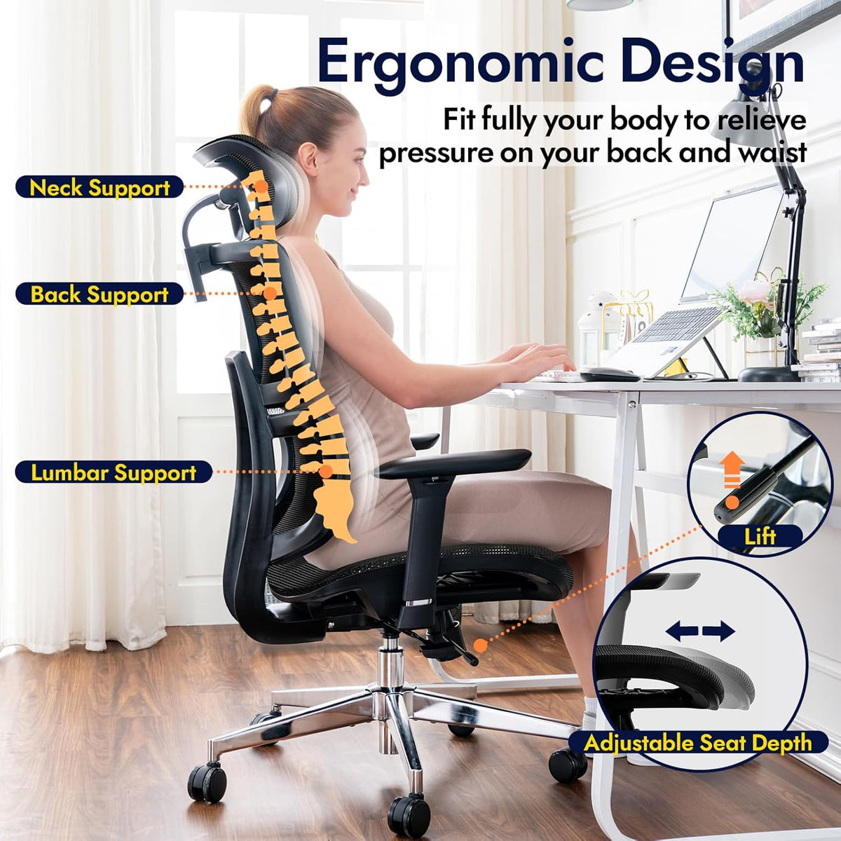 Ergonomic Office Chair, Fully Mesh Office Chair with Lumbar Support, Adjustable 3D Armrest, Headrest, Large and High Swivel Computer Chair (Effen - Black)