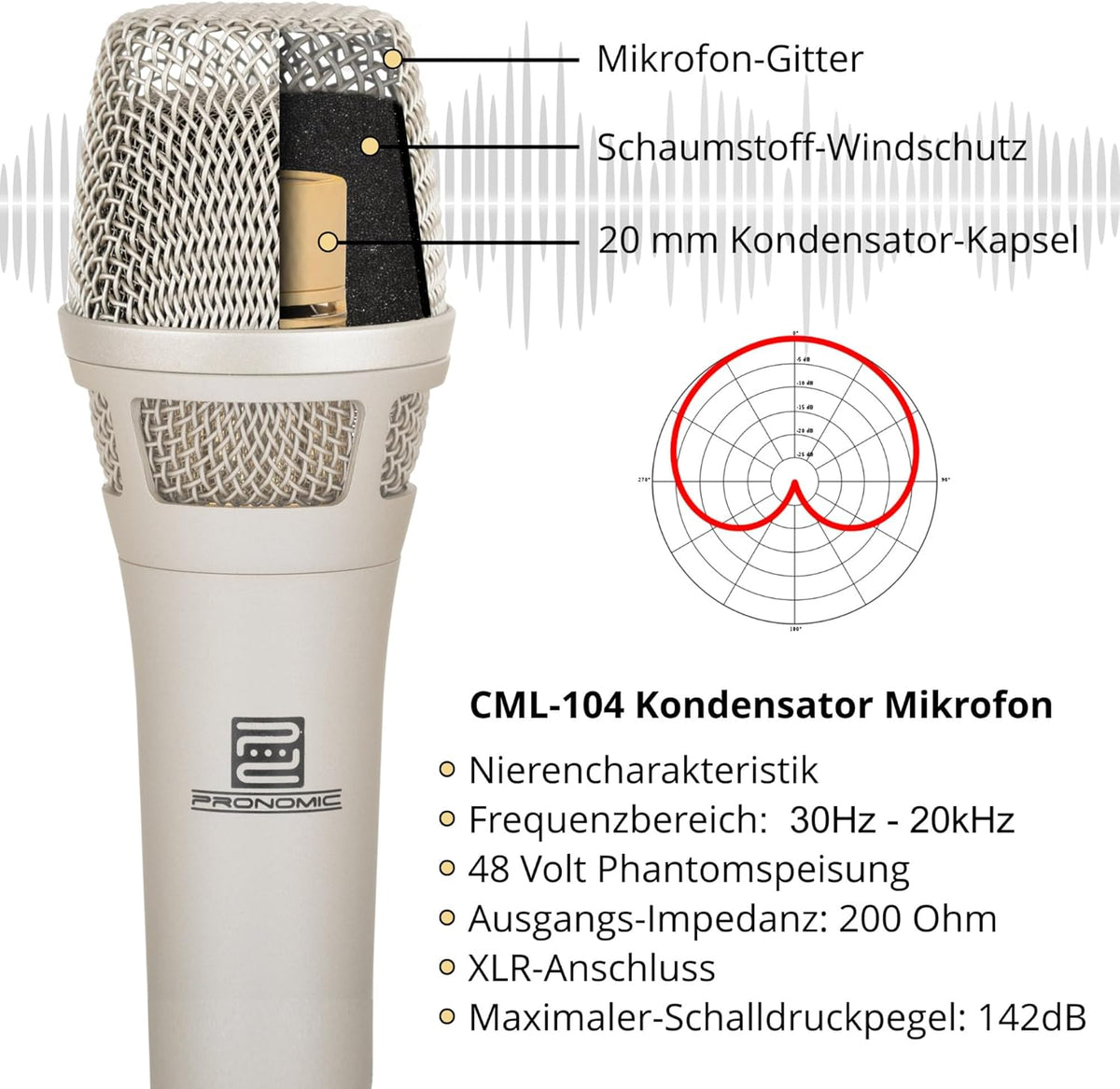 Pronomic CML-104 Condensatormicrofoon voor nauwkeurige geluidsopname - Handmicrofoon met windscherm - Nierfunctie microfoon - Studio-microfoon voor het podium - Incl. klem en tas