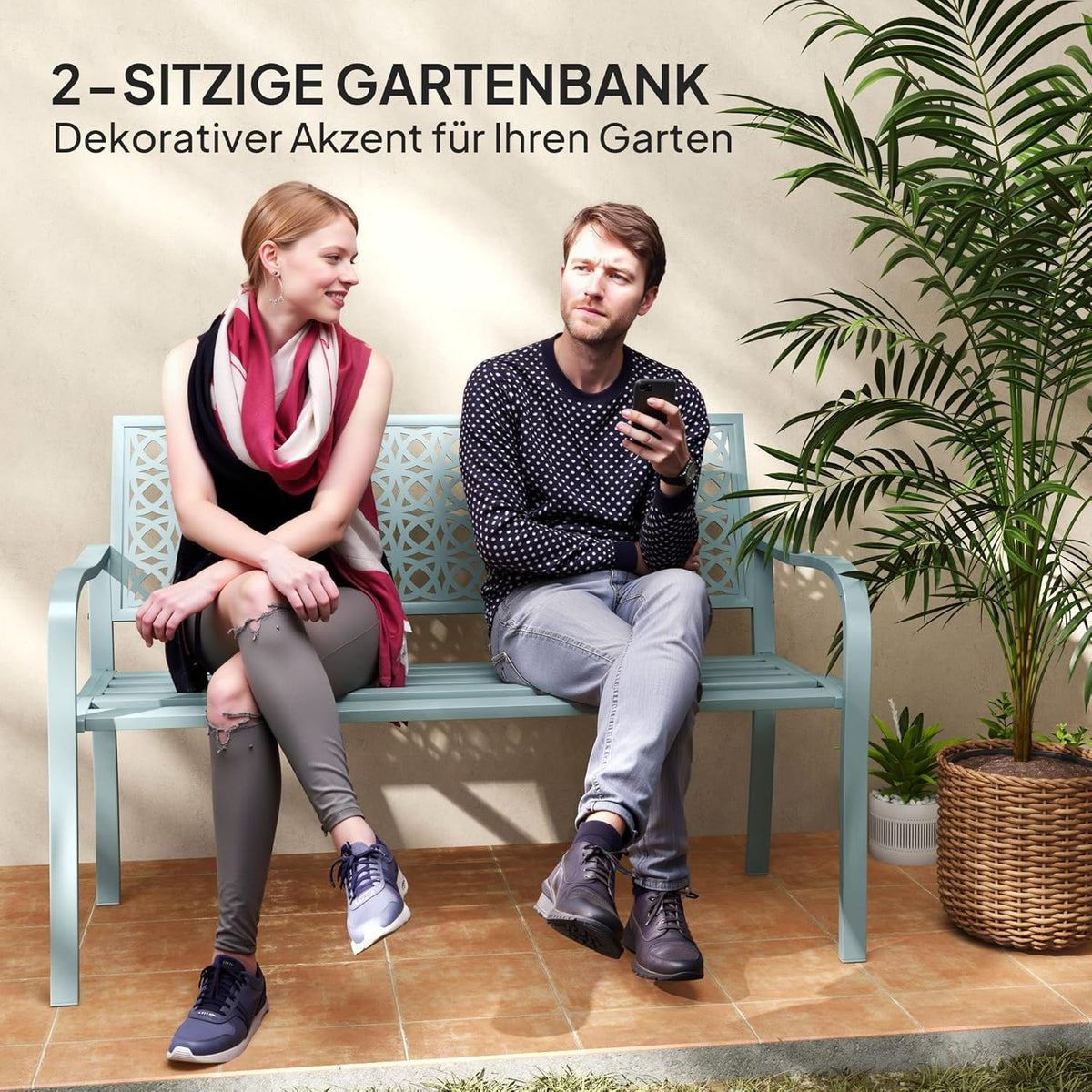Outsunny 2-Sitzer Gartenbank, wetterfest Sitzbank, Gartenmöbel mit Rücken- & Armlehnen, Park bench 240 kg load bar, Balcony Bench for Balcony Terrasse, Garten, 127 x 63 x 85 cm, Blau - QUORE
