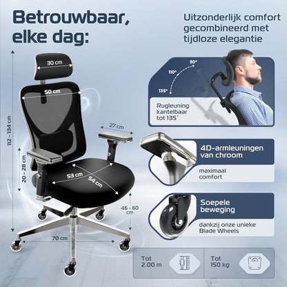 Ergonomische Bureaustoel – Kantoorstoel – Gaming Stoel – Bureaustoel Mesh – Draaistoel – Verstelbare 4D-Armleuningen – Orthopedisch Rugkussen – Max. 150 kg Draagvermogen