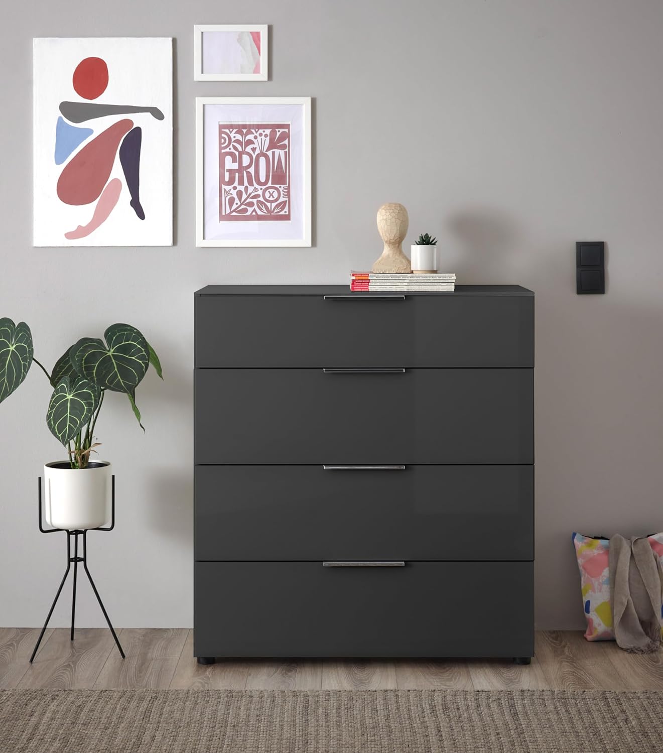 Ladekast – Dressoir – Opbergkast – Kast – Ladenkast – Antraciet Met Glasfront – 90x99x40 cm – Hout En Melamine