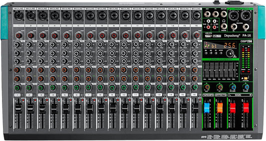 Depusheng PA16 Professionele Audio Mixer Soundboard Console Interface 16 Kanaals Digitale USB Bluetooth MP3 Computer Input 48V Fantoomvoeding Ingebouwde 99 Reverb Effect