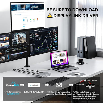 Minisopuru Upgrade DisplayLink Docking Station met 140W Power Adapter, Triple Monitor Docking Station voor MacBook/Windows (3XHDMI, 2XDisplayPort, 2X10Gbps Data & 45 WCharging USB C, 3X USB A, SD/TF)