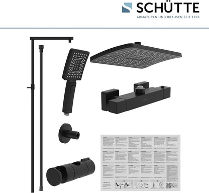 SCHÜTTE Trendto 60170 Douchesysteem met thermostaat, doucheset met grote regendouche (32 x 20 cm) en verstelbare handdouche, doucheset met douchestang, douchezuil, douchepaneel, zwart