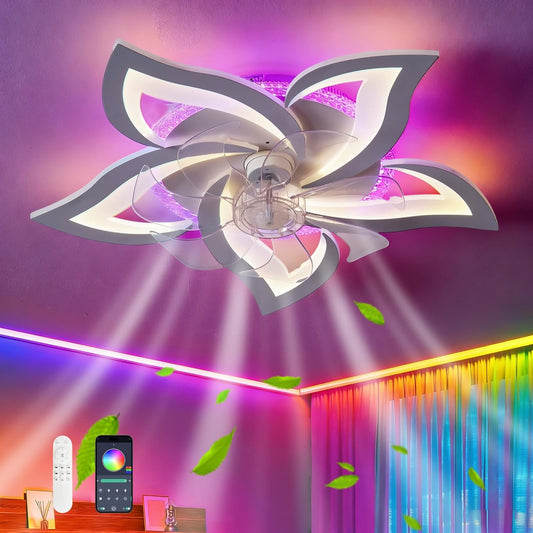 RGB-kleurveranderende plafondventilator, 6-snelheden omkeerbaar licht, stille dimbare LED-plafondventilator voor kinderkamers - RGB-wit