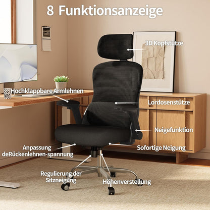 TRALT Bureaustoel, ergonomisch, gamingstoel met verstelbare hoofdsteun, lendensteun, bureaustoel, computerstoel voor grote mensen, mesh-stoel, 150 kg, zwart