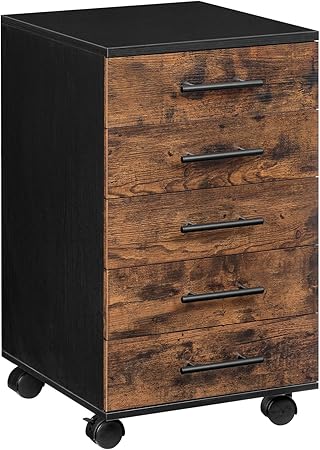 HOOBRO Filing Cabinet, Roll Container with 5 Drawers, Wooden Desk Cabinet, Chest of Drawers Storage Cabinet, Industrial Style, Simple Assembly, Rustic, Dark Brown and Black EBF05WJ01 - QUORE