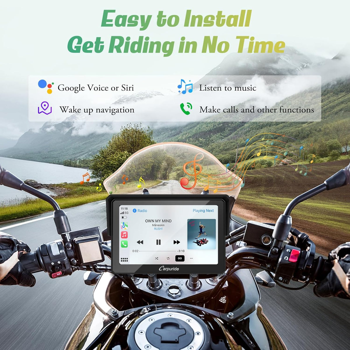 Carpuride W502 Motorfiets GPS Draadloos Draagbaar Apple Carplay & Android Auto, 5 inch IPS Waterdicht Touchscreen met Dubbele Bluetooth, TF Kaart, Navigatie/Siri/Google Assistant voor Motorfietsen