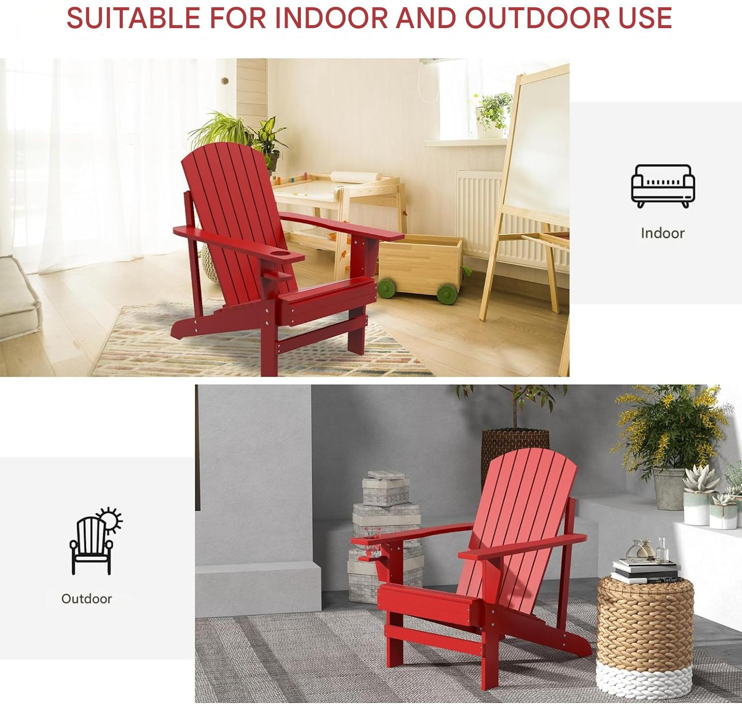 Adirondack - Tuinstoel - Relaxstoel - Ligbank - Ergonomische Rugleuning - Stevige - voor Tuin - Balkon - Terras - Sparrenhout - 72 x 94 x 93 cm - Rood