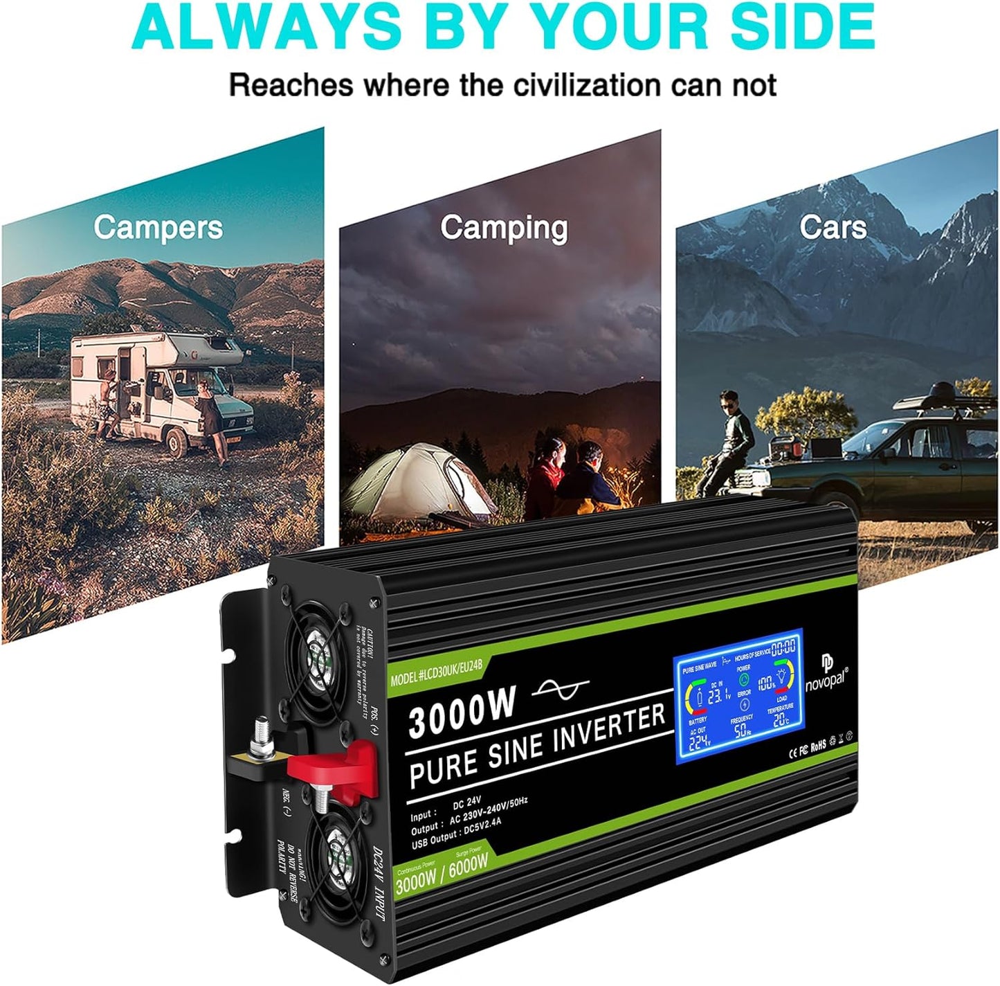 NOVOPAL 3000 W zuivere sinus omvormer 12 V naar 230 V spanningsomvormer power omvormer converter met 5m afstandsbediening LCD-display & 2 EU AC-stopcontacten & 2.1A USB-poorten