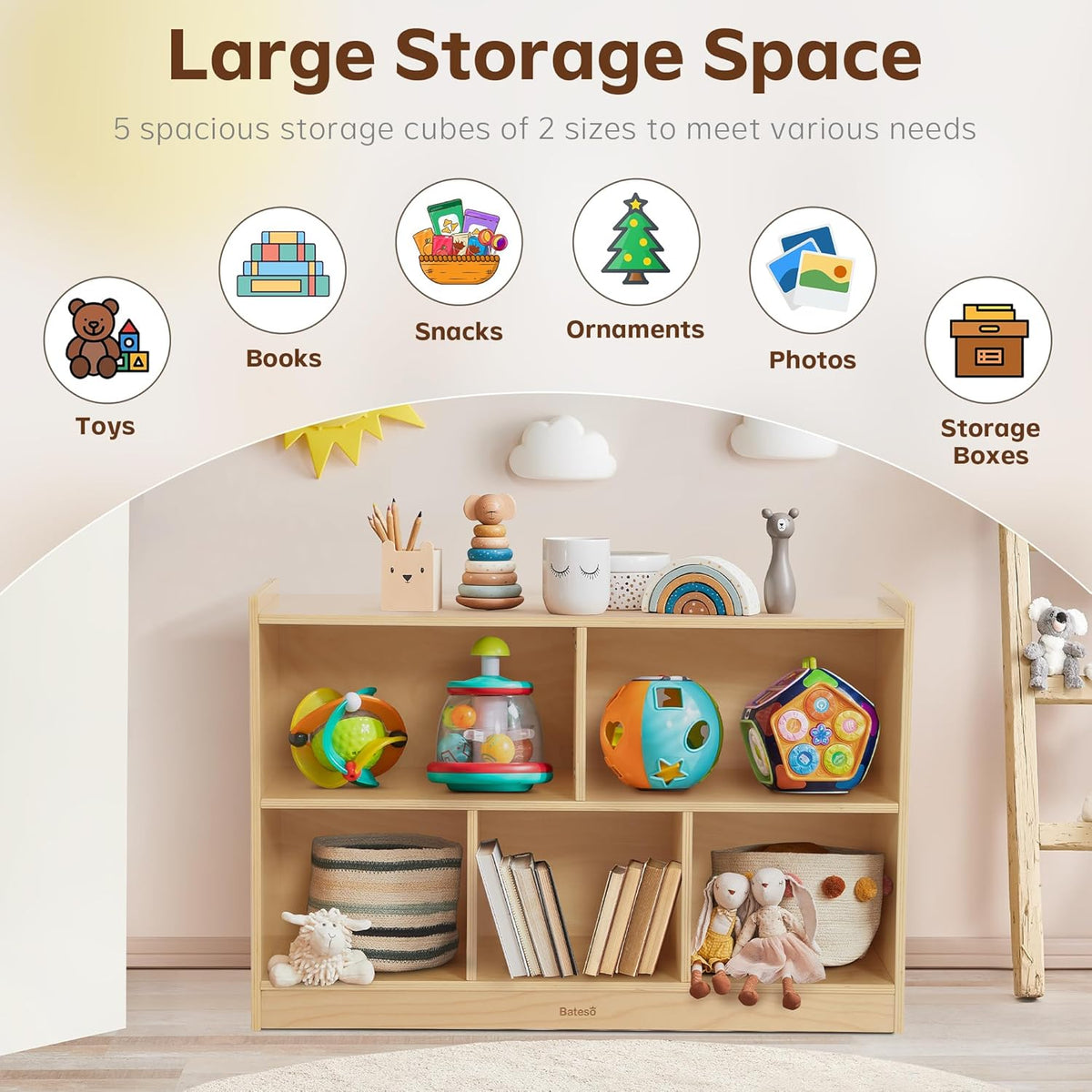 Toy Storage Organizer, 2-Tier Kids Bookshelf, 5 Cube Kids' Bookcases - QUORE