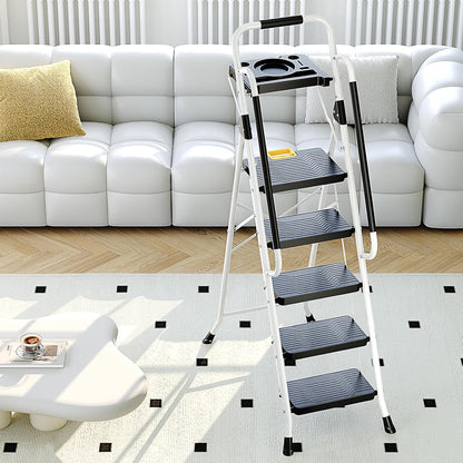 KINGRACK Ladder 5-staps met 150kg Capaciteit, Opvouwbaar Trapladder Vouwladder met Veilige Vergrendeling Gereedschapsbak Brede Antislip Pedalen Leuningen, Huishoudladder voor Thuis Kantoor Kasten, Wit