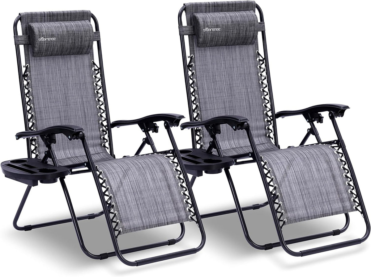 Serenelife Sun Lounger, Set of 2 Sun Loungers - Adjustable Garden Loungers with Side Table, Cup Holders, Removable Cushions - Foldable and Portable Lounge Chairs for Terrace, Garden, Beach - Anthracite - QUORE