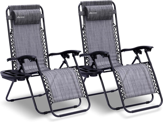 Serenelife Sun Lounger, Set of 2 Sun Loungers - Adjustable Garden Loungers with Side Table, Cup Holders, Removable Cushions - Foldable and Portable Lounge Chairs for Terrace, Garden, Beach - Anthracite - QUORE