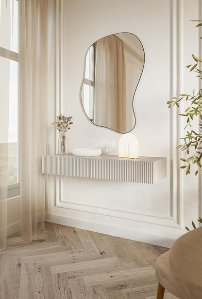 Selsey Zwevende Kaptafel Veldio 110 cm grijs taupe met frezen lamellenfront, Push-to-Open lade, moderne wand make-up tafel, minimalistische vanity desk zonder spiegel, stylish en functioneel