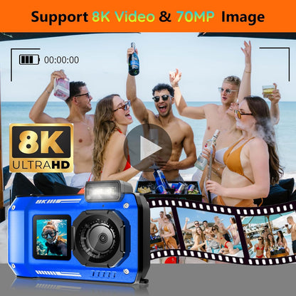 MaxMango 8K 70MP digitale camera 33FT onderwatercamera, 64GB digitale camera om te snorkelen, 18x dubbel scherm, selfies, robuust, stofdicht, schokbestendig, autofocus