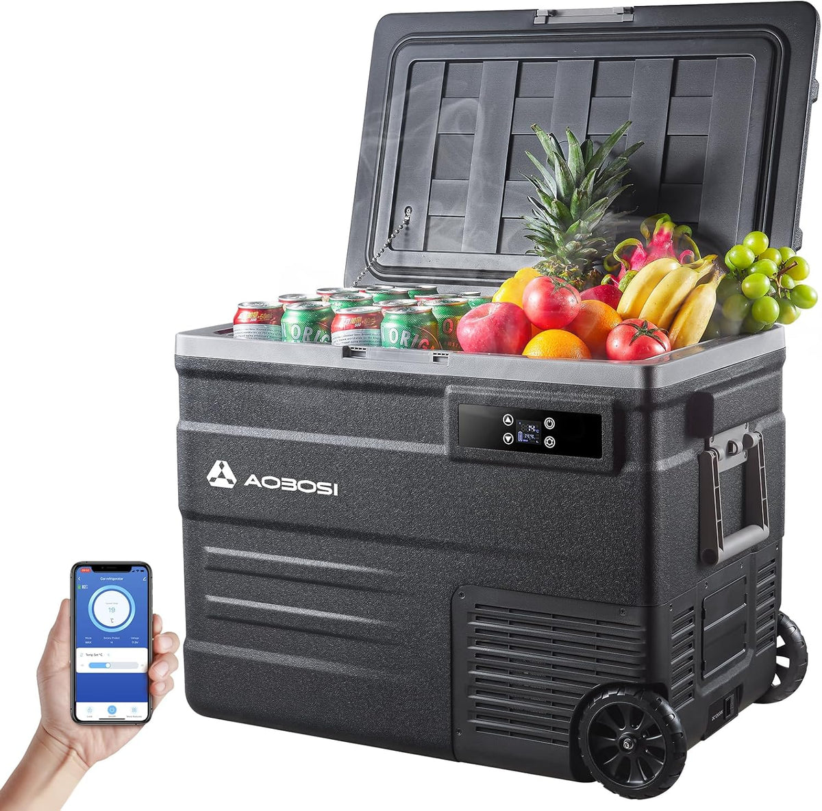 AAOBOSI Compressor-koelbox, 55 liter, koelbox auto met wifi-app-bediening, 12/24 V en 100-240 V, elektrische koelbox tot -20 °C, voor auto, vrachtwagen, boot, camper, camping, kan met accu worden