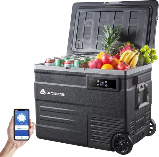 AAOBOSI Compressor-koelbox, 55 liter, koelbox auto met wifi-app-bediening, 12/24 V en 100-240 V, elektrische koelbox tot -20 °C, voor auto, vrachtwagen, boot, camper, camping, kan met accu worden