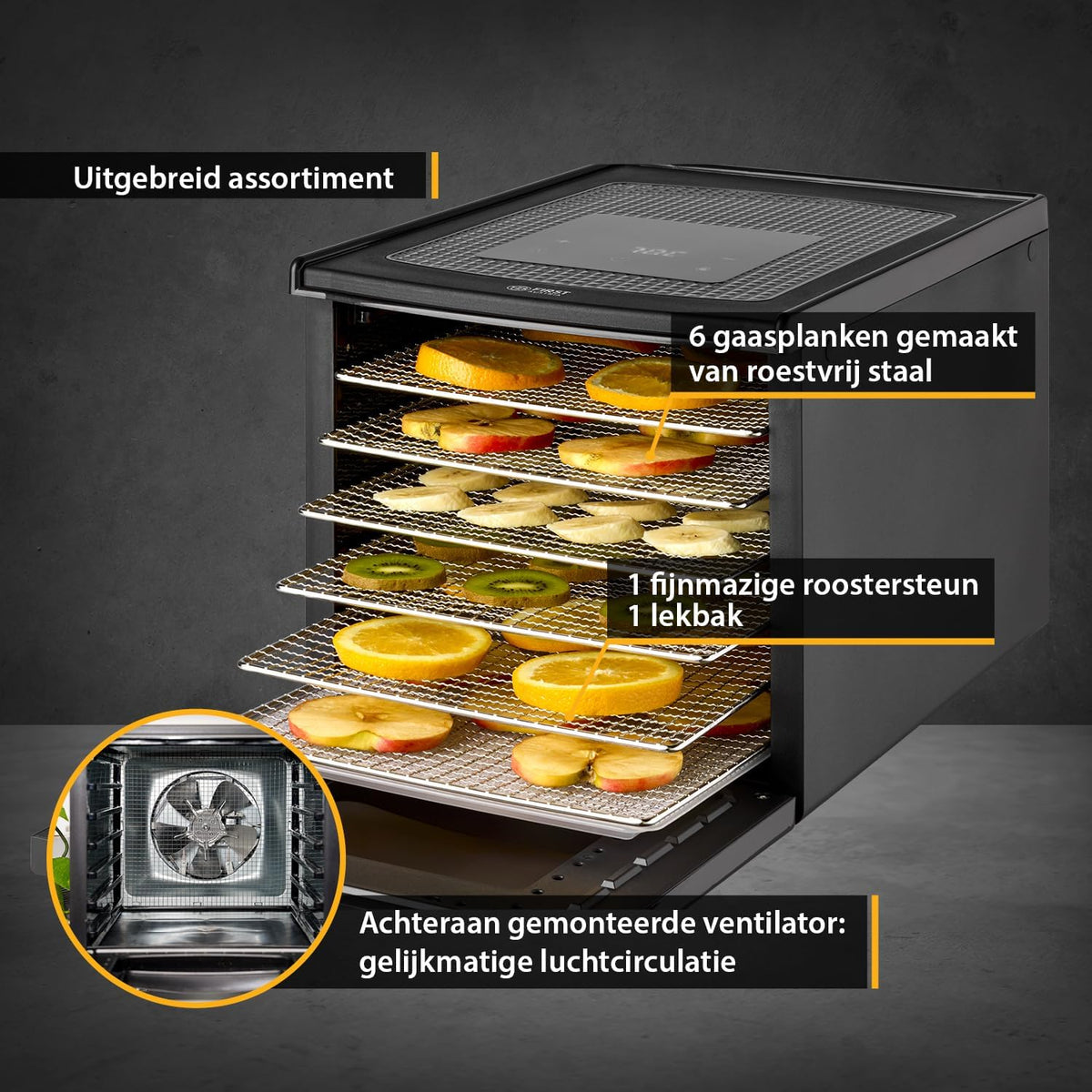 TZS First Austria Dehydrator - Dehydrator voor fruit, groenten en vlees - Digitaal met timer en temperatuurregeling 35-70°C - 6 roestvrijstalen niveaus, dehydrator met timer