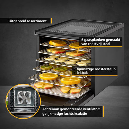 TZS First Austria Dehydrator - Dehydrator voor fruit, groenten en vlees - Digitaal met timer en temperatuurregeling 35-70°C - 6 roestvrijstalen niveaus, dehydrator met timer