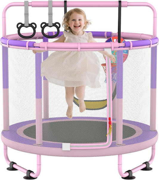 Children's Trampoline, Children's Trampoline for Outdoor, Indoor and Outdoor Use Available Trampoline with Safety Net, Basket, Rod, Swing, Gift for Children - QUORE
