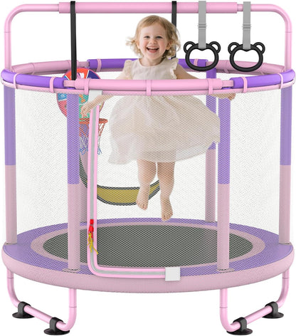 Kindertrampoline, kindertrampoline voor buiten, binnen en buiten, beschikbare trampoline, met veiligheidsnet, mand, stang, schommel, cadeau voor kinderen