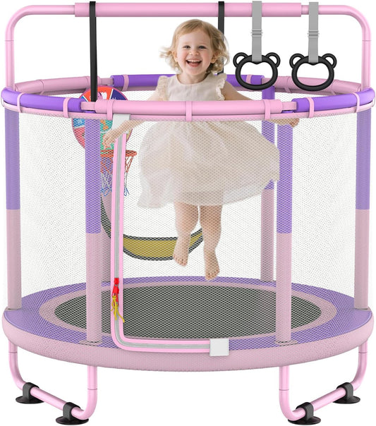Kindertrampoline, kindertrampoline voor buiten, binnen en buiten, beschikbare trampoline, met veiligheidsnet, mand, stang, schommel, cadeau voor kinderen