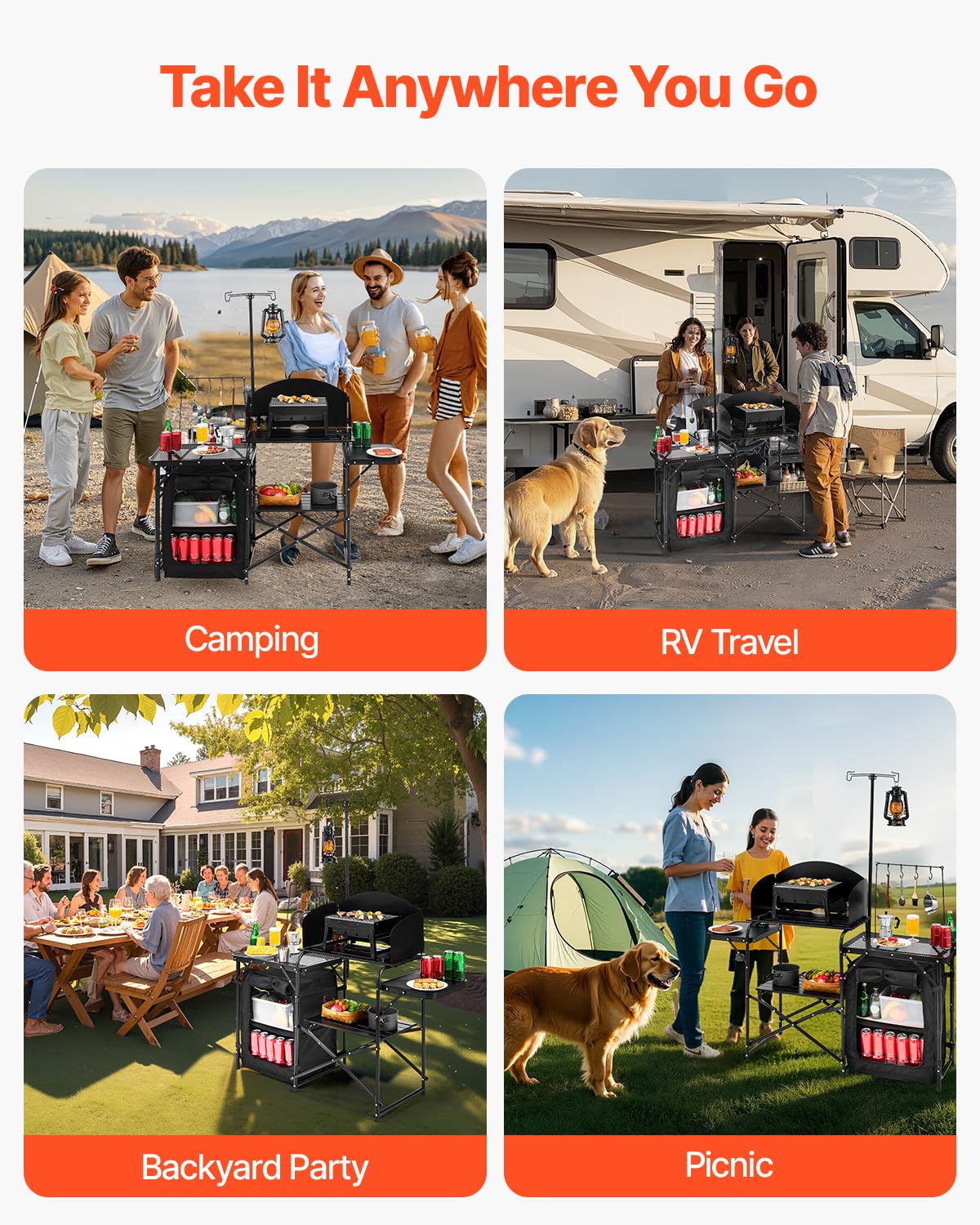 VEVOR Keukentafel voor camping buiten, aluminium, met opbergkast, draagtas, afneembare voorruit, geschikt voor barbecue, feest, picknick, reizen, camper, zwart