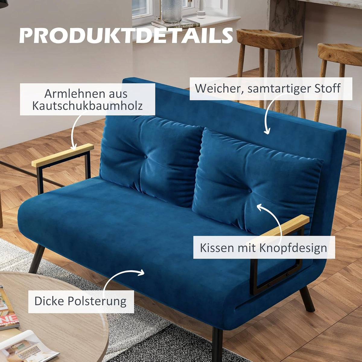 Slaapbank – Bedbank – Sleeperbank – Logeerbank – 2-in-1 Sofa – Verstelbare Rugleuning – Fluweel Bekleding – Compact 102x73x81 cm – Blauw