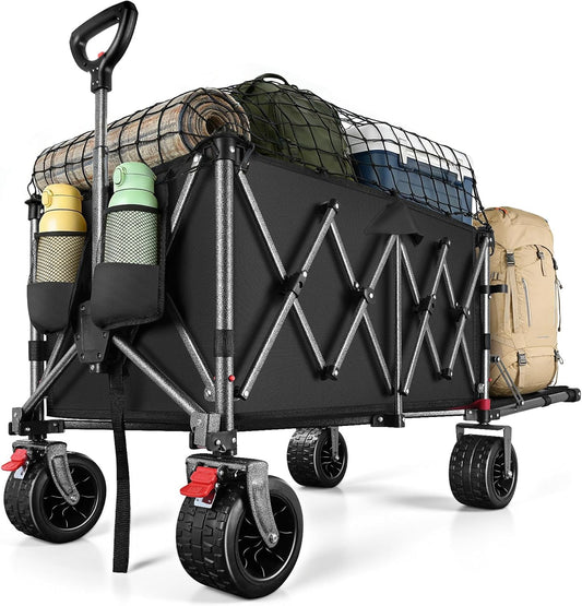 YEAUPE PRO Bolderkar, opvouwbaar, 170 liter, 120 kg, opvouwbare bolderkar met parkeerrem, 4-weg opvouwbaar, in hoogte verstelbaar, voor camping, strandwagen, tuin, winkelen, zwart