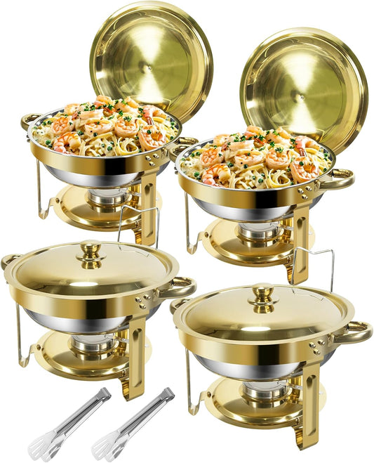 Gouden Chafing Dish Buffet Set 5L [Robuust en Eenvoudig te Monteren], 4-Pack Ronde Chafing Dishes, RVS Warmhoudbakken [Elegant Goud en Zilver], Voedselwarmer voor Catering Buffet en Elk Feest