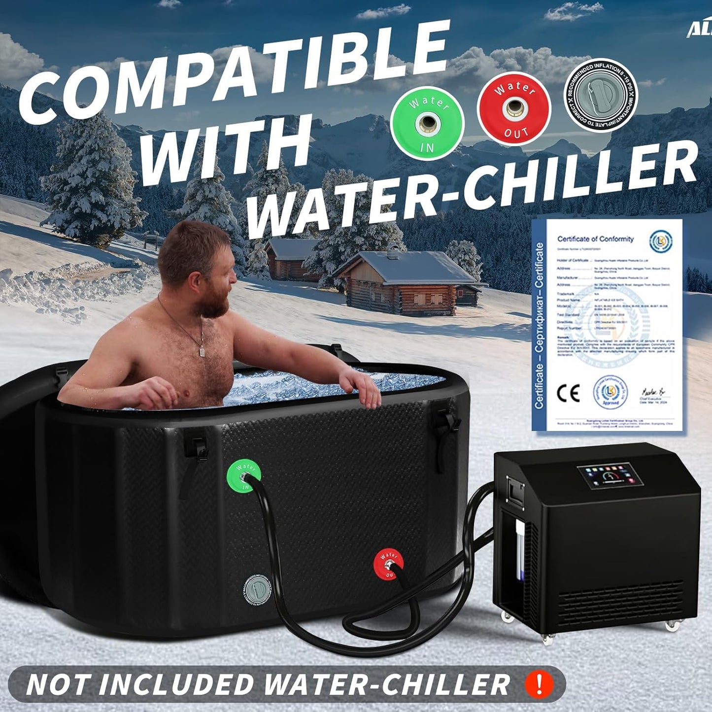 ALLPICK IJsbad ton met afdekking - (150 cm) XL opvouwbare badkuip voor atleten, compatibel met waterkoeler, ijsbak voor cryotherapie, ijsbad voor binnen en buiten, 370 liter ijston, zwart