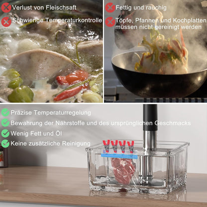 Sous Vide Garer Stick, 1400 W, sous-vide 35 cm met roestvrijstalen behuizing, wifi en touch-bediening met led, vacuümzak met pomp, kookboek