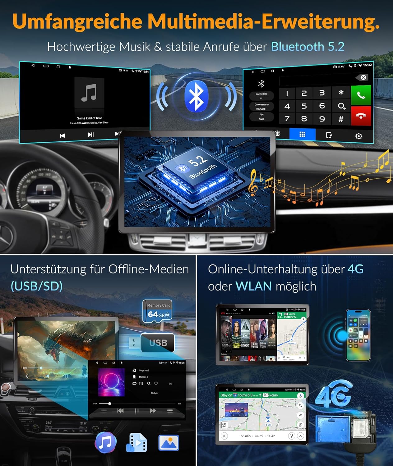 PORMIDO autoradio met scherm:11,8 inch 2K touchdisplay met DAB+ draadloze Apple CarPlay & Android Auto 1din radio 8-core 4GB+64GB Android 13 Navi WiFi Bluetooth achteruitrijcamera voor auto-upgrade