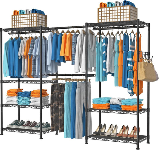 Kledingrek voor het ophangen van kleding, verstelbaar zwaar kledingrek met 4 hangstangen en 7 planken, belastbaar tot 800 lbs, 70 x 13,5 inch B x 76 inch H, zwart