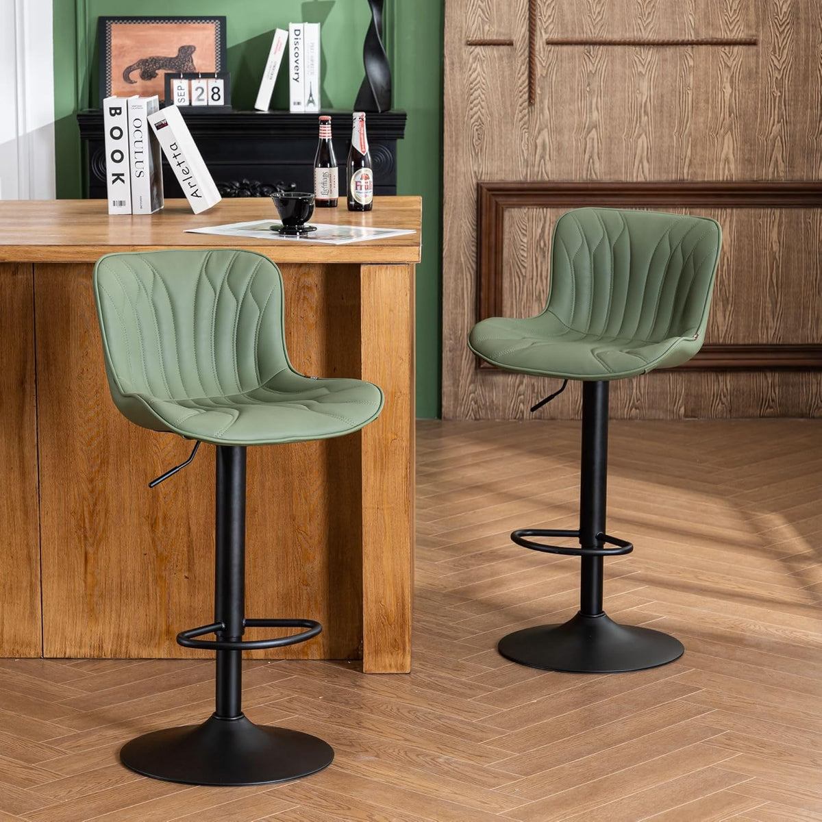 YOUNIKE Barkruk, 2-delige set, draaibare hoogteverstelling, barstoel van kunstleer, bekleding, barstoelen, thekenhocker, moderne barstoelen, keukenstoel met hoge oorleuning, bonengroen