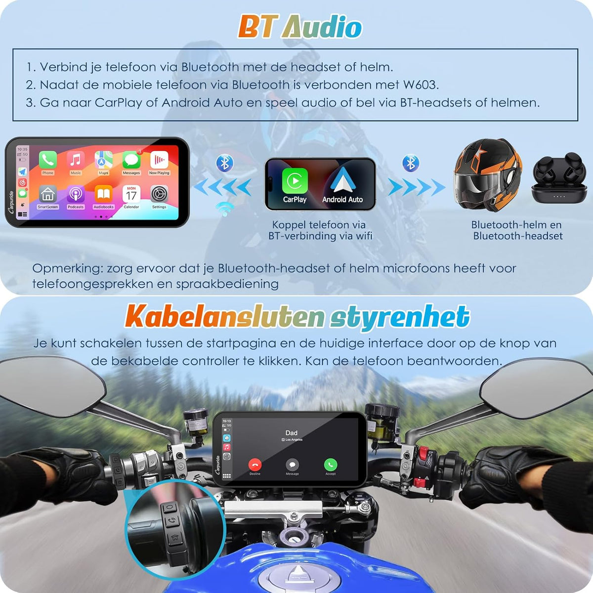 Motorfiets GPS – Motornavigatie – Navigatiesysteem – Moto GPS – Motorfiets Navigatie – 6,3 Inch HD Touchscreen – Draadloos CarPlay & Android Auto