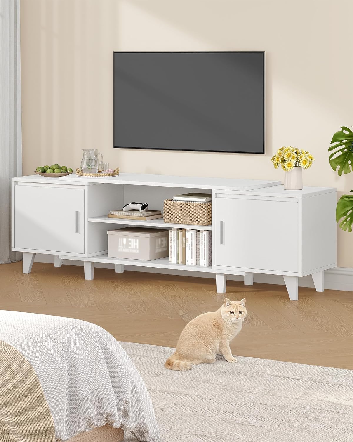 Hzuaneri TV Cabinet, TV Table, Suitable for TVs Under 44.5 cm, TV Cabinet with 2 Cabinets and 2 Open Areas, 40 x 140 x 51.5 cm, for Living Room, Bedroom, Dining Room, White TV16703E